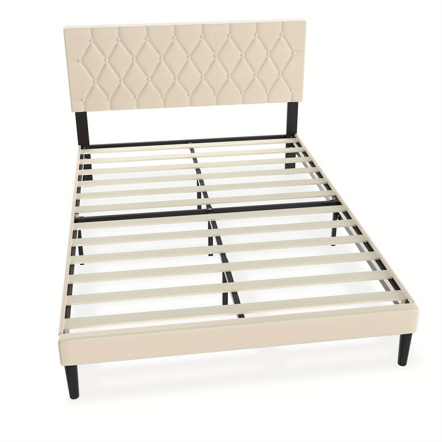 Lit de 90/140/160 x 200 cm en Similicuir avec Tête de Lit et Plateforme, Cadre de Lit Matelassé Beige pour Chambre à Coucher