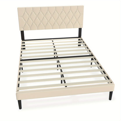 Lit de 90/140/160 x 200 cm en Similicuir avec Tête de Lit et Plateforme, Cadre de Lit Matelassé Beige pour Chambre à Coucher