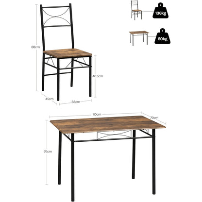 Table à manger, quatre chaises, table à manger pour quatre personnes, salle à manger, salle à manger de cuisine, table de salle à manger de cuisine, cadre en métal, MDF, marron vintage et argenté.