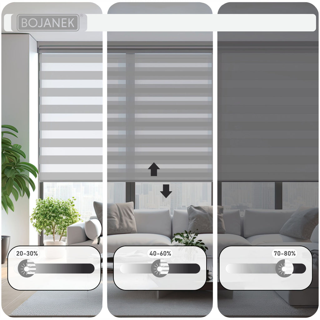 Store de Jour et de Nuit - BLANC - 32 Tailles - BOJANEK JOUR & NUIT - Non Invasif sur la Fenêtre, Installation Sans Perçage, Ajustement de la Chaîne, Supports Réglables pour Différentes Épaisseurs de Fenêtre, Design Moderne, Protection Contre la Lumière e