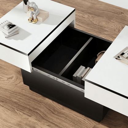 Table basse blanche, table de salon, table d'appoint avec 2 étagères de rangement, 80x58x40 cm, plateau extensible avec bande lumineuse RVB, meuble moderne pour salon, salle de conférence