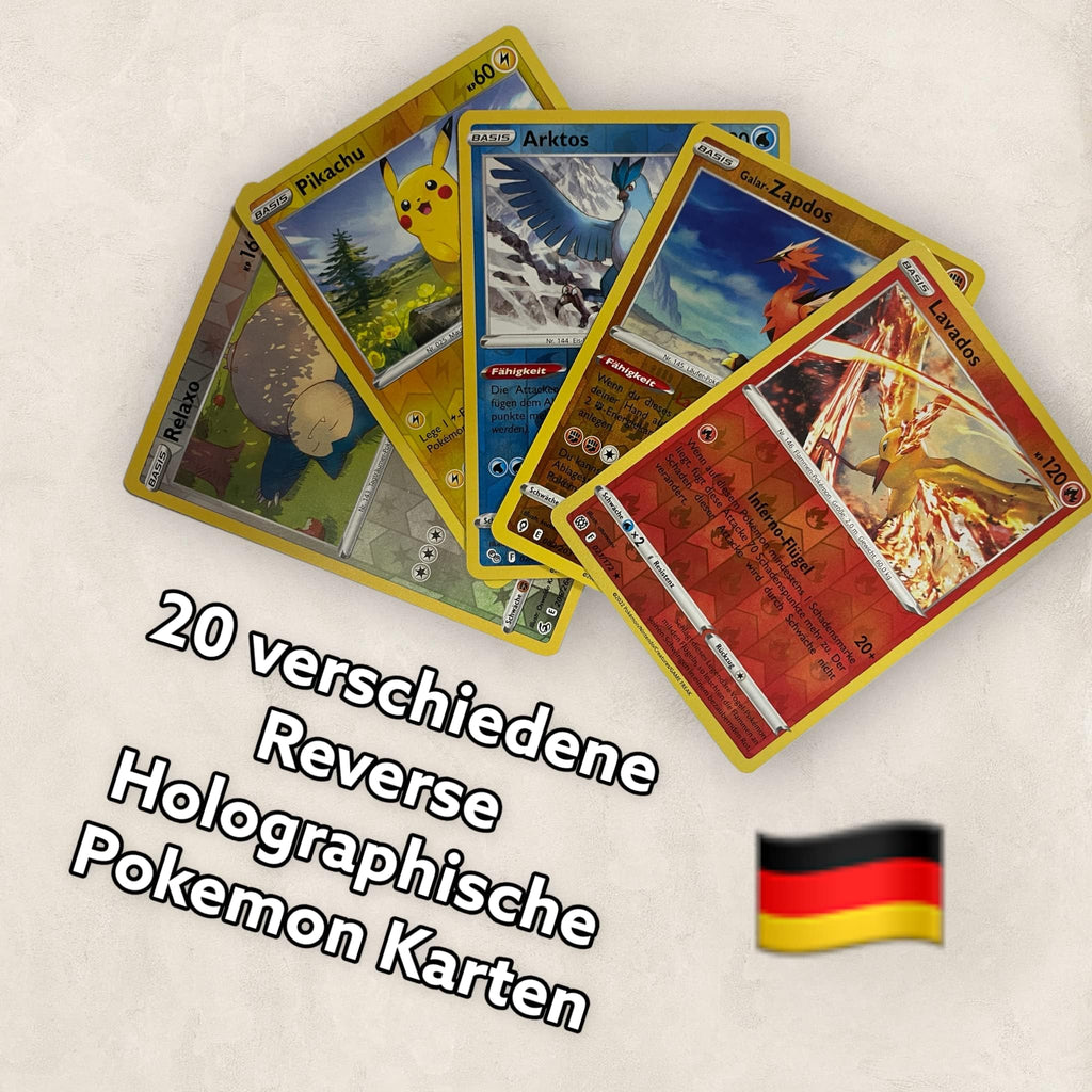Original 20 Cartes Pokémon Reverse Holo Glitzer, Cartes Pokémon Rares en Anglais Holographiques Reverse Diverses Cartes des Ensembles Actuels + Protection d'Expédition Heartforcards®