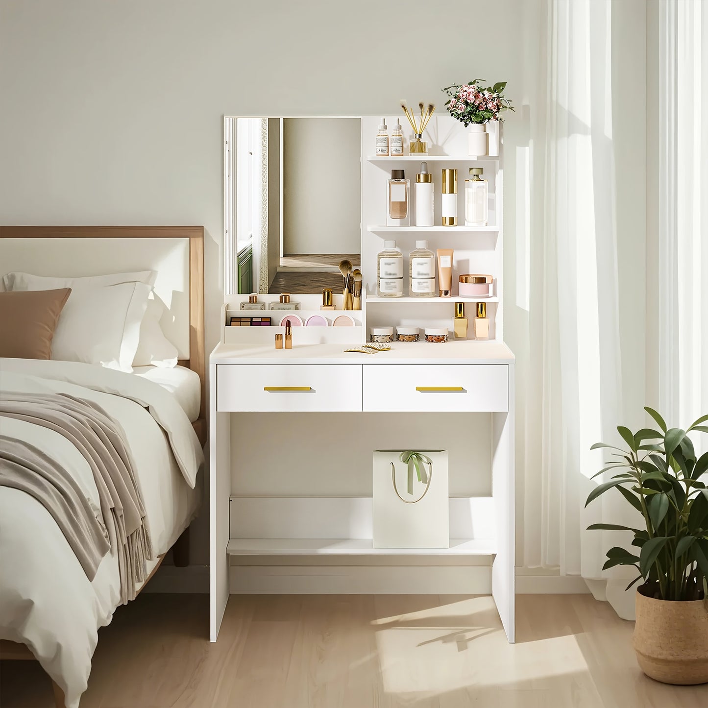 Bureau à vanité avec miroir, un meuble avec quatre étagères ouvertes et deux compartiments, ainsi que deux tiroirs, idéal pour la chambre ou le salon, couleur blanc