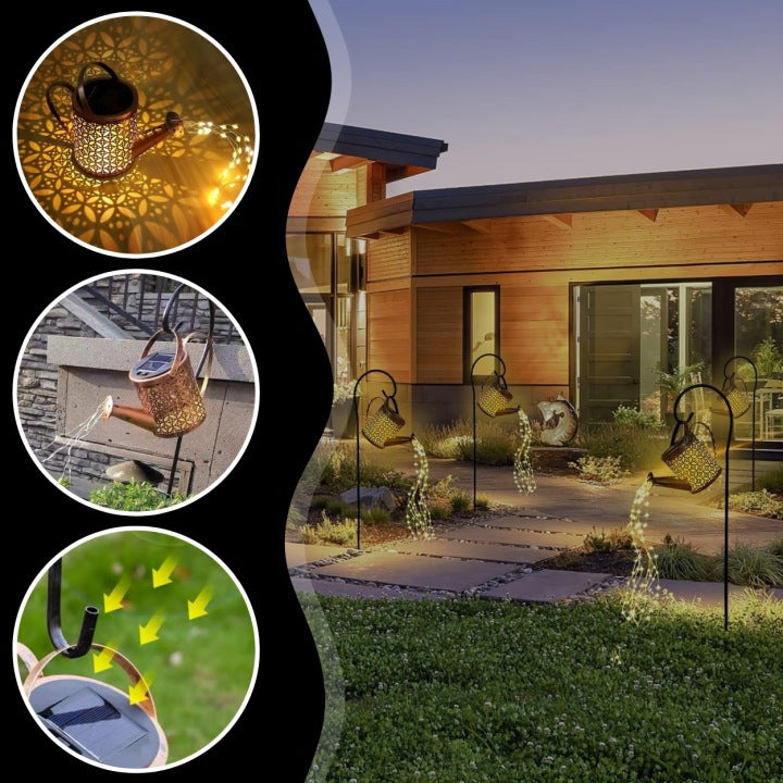 Lanterne de Jardin LED à Énergie Solaire XXL en Forme d'Arrosoir avec Capteur de Crépuscule. Lampe Solaire Décorative avec Eau Coulante et Effet de Goutte LED. Arrosoir Suspendu en Métal sur Support, 83 cm, pour Jardinières, Pelouses et Parterres de Fleur