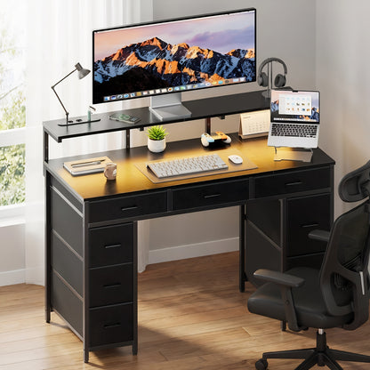 Bureau d'ordinateur avec 8 tiroirs de rangement en tissu, bureau d'étude/chambre à coucher, bureau de jeu de 119,38 cm avec éclairage LED et prises USB, bureau de bureau à domicile avec support d'ordinateur, 4 couleurs