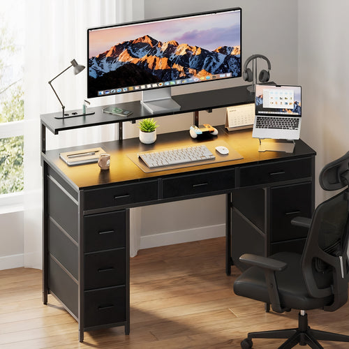 Bureau d'ordinateur avec 8 tiroirs de rangement en tissu, bureau d'étude/chambre à coucher, bureau de jeu de 119,38 cm avec éclairage LED et prises USB, bureau de bureau à domicile avec support d'ordinateur, 4 couleurs