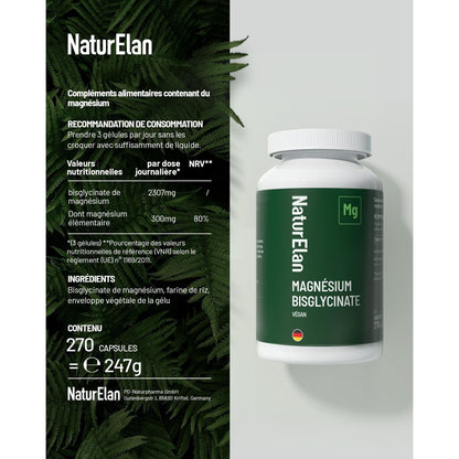 Bisglycinate de Magnésium - Premium : Magnésium Chélaté - 270 Gélules - 300 mg de Magnésium Élémentaire par Dose Quotidienne - Végan, Haute Dosage