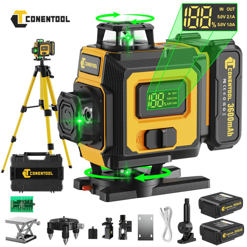 Niveau laser autodresseur 4D professionnel Conentool avec ou sans trépied robuste et barre d'extension, projecteur de lignes horizontales/verticales 16 lignes, options batterie/affichage LCD, base rotative 360° adapté au bricolage et à la rénovation