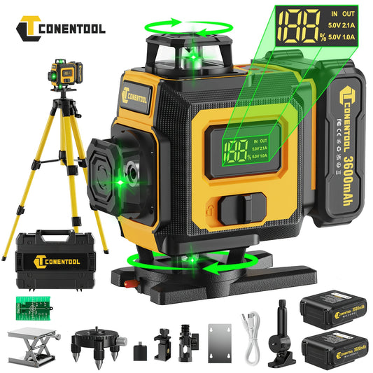 Niveau laser autodresseur 4D professionnel Conentool avec ou sans trépied robuste et barre d'extension, projecteur de lignes horizontales/verticales 16 lignes, options batterie/affichage LCD, base rotative 360° adapté au bricolage et à la rénovation