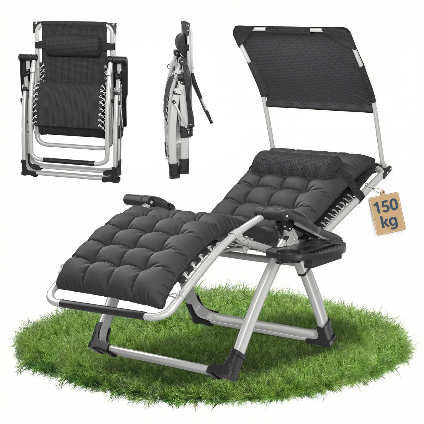 Lounge de soleil avec auvent, chaise longue pliable, très large, dossier réglable, coussin épaissi ergonomique, oreiller cervical, poches latérales, porte-gobelets, gris noir, gris clair, beige