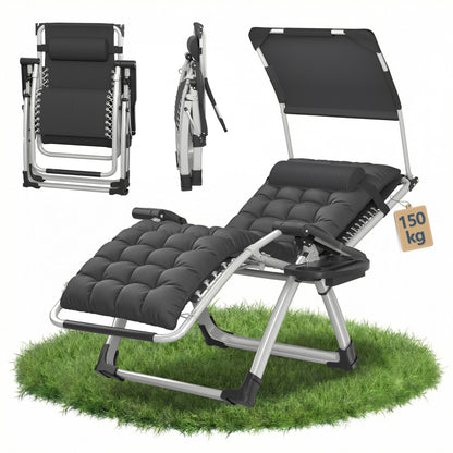 Lounge de soleil avec auvent, chaise longue pliable, très large, dossier réglable, coussin épaissi ergonomique, oreiller cervical, poches latérales, porte-gobelets, gris noir, gris clair, beige