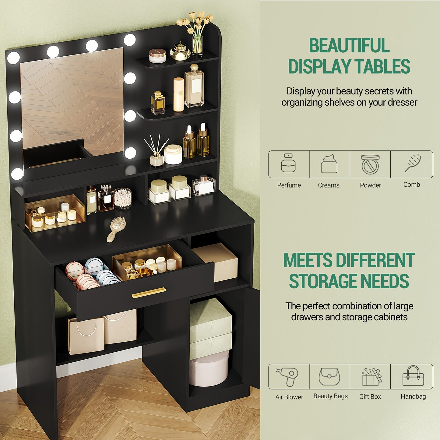 Coiffeuse avec Miroir et 10 Lumières LED, Coiffeuse avec 3 Étagères et 4 Compartiments Ouverts, Coiffeuse avec Grand Tiroir et Placard, 3 Niveaux d'Éclairage Réglables, Blanc, Gris Beige