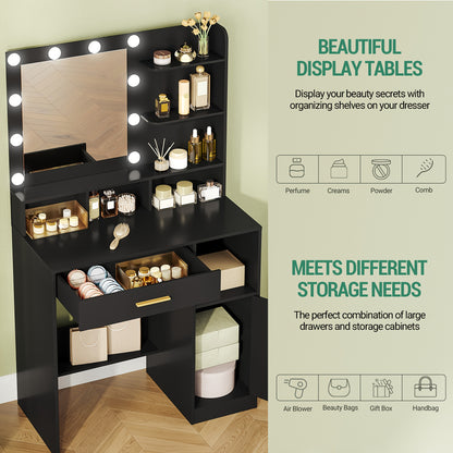Coiffeuse avec Miroir et 10 Lumières LED, Coiffeuse avec 3 Étagères et 4 Compartiments Ouverts, Coiffeuse avec Grand Tiroir et Placard, 3 Niveaux d'Éclairage Réglables, Blanc, Gris Beige
