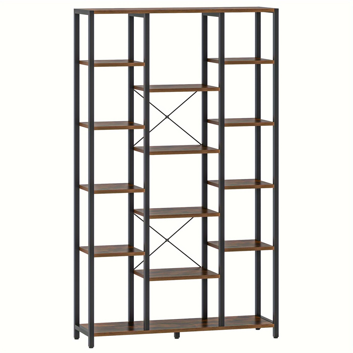 Bibliothèque, étagère sur pied à 6 niveaux, 15 étagères, étagères ouvertes réglables, pour salon, bureau, chambre à coucher, 30 X 100 X 170 Cm, Brun-noir vintage/Noir avec grain de bois