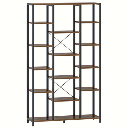 Bibliothèque, étagère sur pied à 6 niveaux, 15 étagères, étagères ouvertes réglables, pour salon, bureau, chambre à coucher, 30 X 100 X 170 Cm, Brun-noir vintage/Noir avec grain de bois