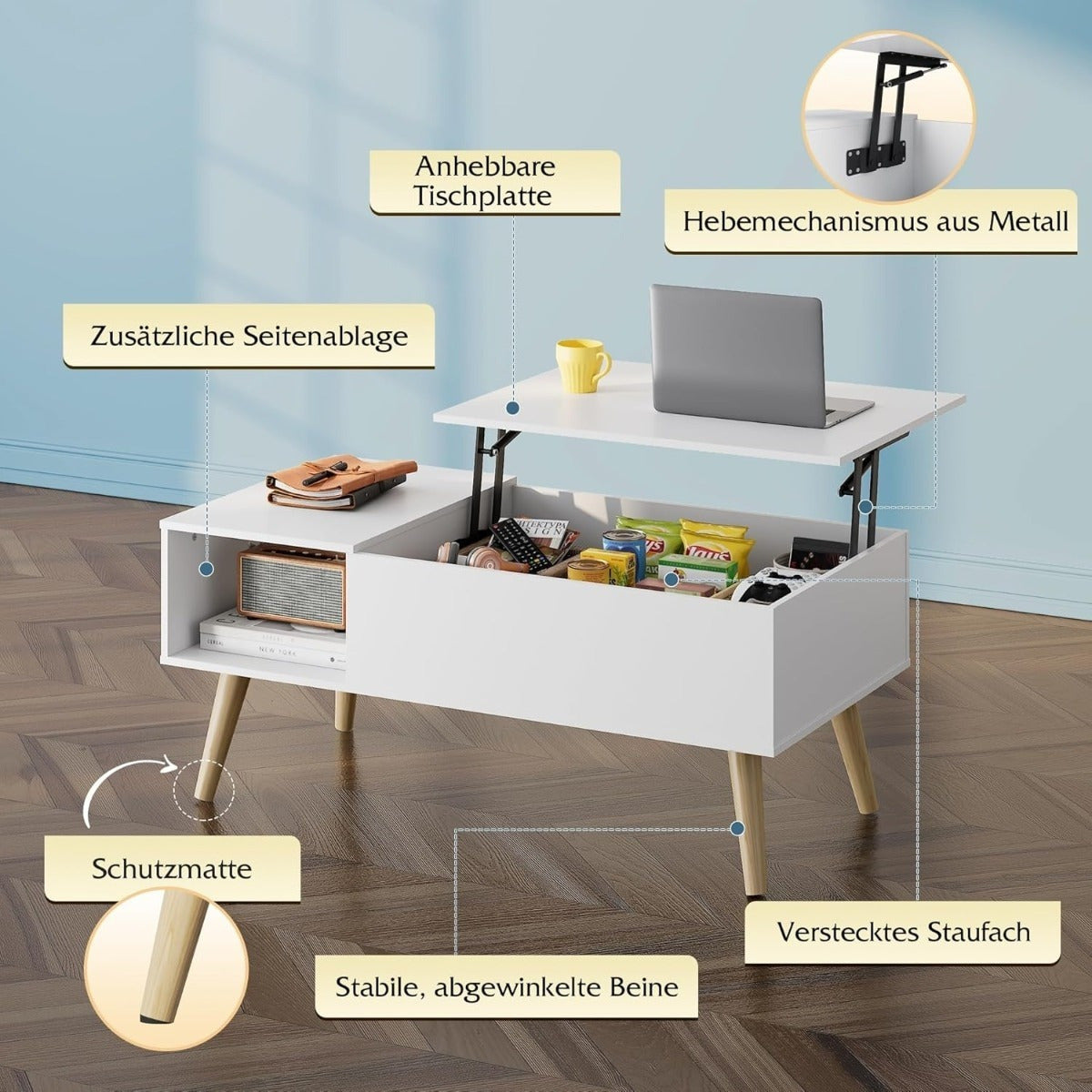 Table Basse Réglable en Hauteur, Extensible, Table de Salon avec Grand Compartiment de Rangement Caché, Plateau de Levage, Table Basse pour Bureau, Table de Canapé