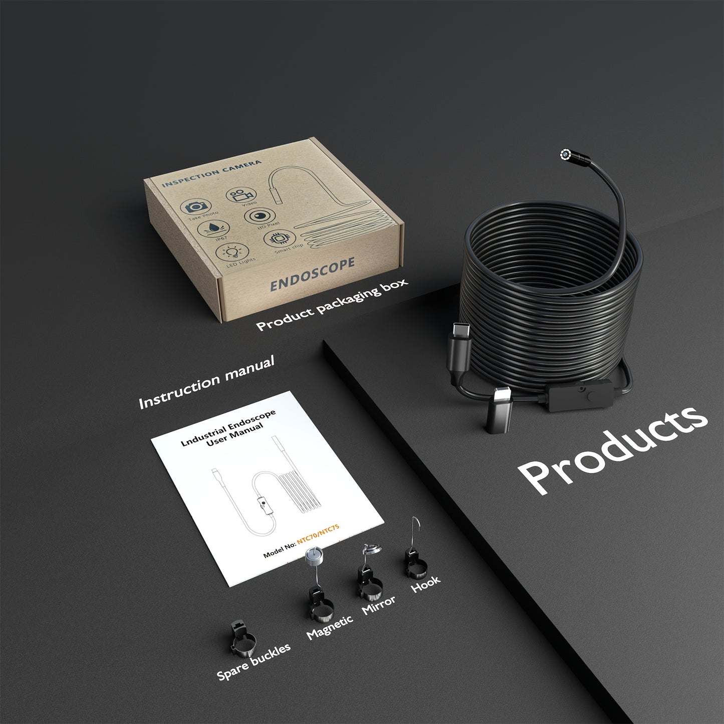 L'endoscope industriel est doté de 8 lumières LED, un outil haute définition pour l'inspection des tuyaux, une classification IP67, et est livré avec des câbles fixes disponibles en longueurs de 1M, 5M ou 10M. Il est compatible avec les smartphones iOS et