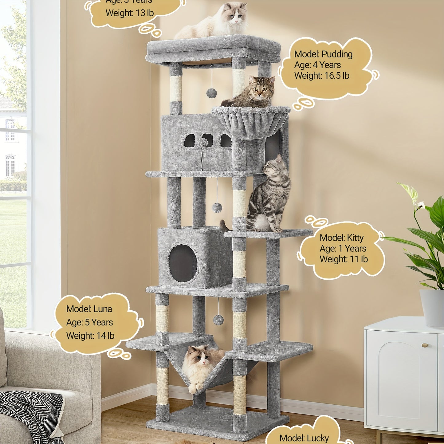 Arbre à chat large de 170 cm, tour pour chat Maine Coon, griffoir à plusieurs étages avec grand perchoir, tapis lavable, mobilier pour chat avec 2 grottes, 8 griffoirs, gris clair, gris foncé