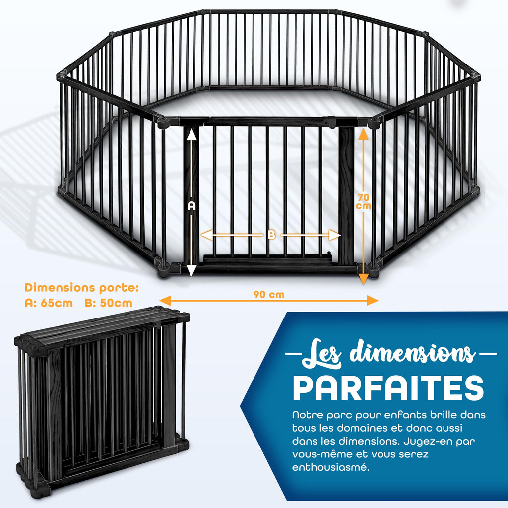 KIDUKU® Parc bébé pliable XXL de 7,2 mètres avec porte | Parc en bois avec double sécurité | Parc pliable pour enfants avec 8 éléments