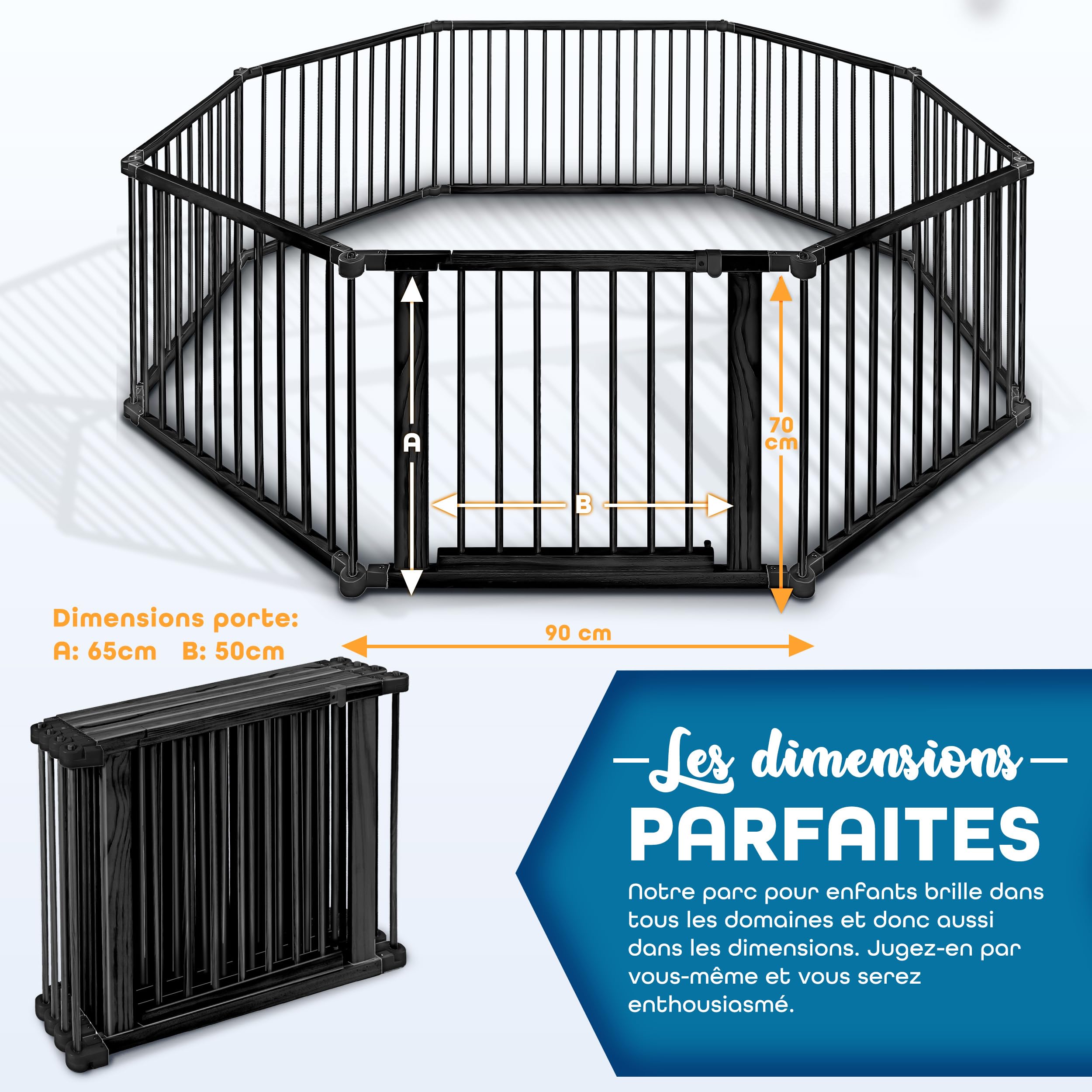 KIDUKU® Parc bébé pliable XXL de 7,2 mètres avec porte | Parc en bois avec double sécurité | Parc pliable pour enfants avec 8 éléments