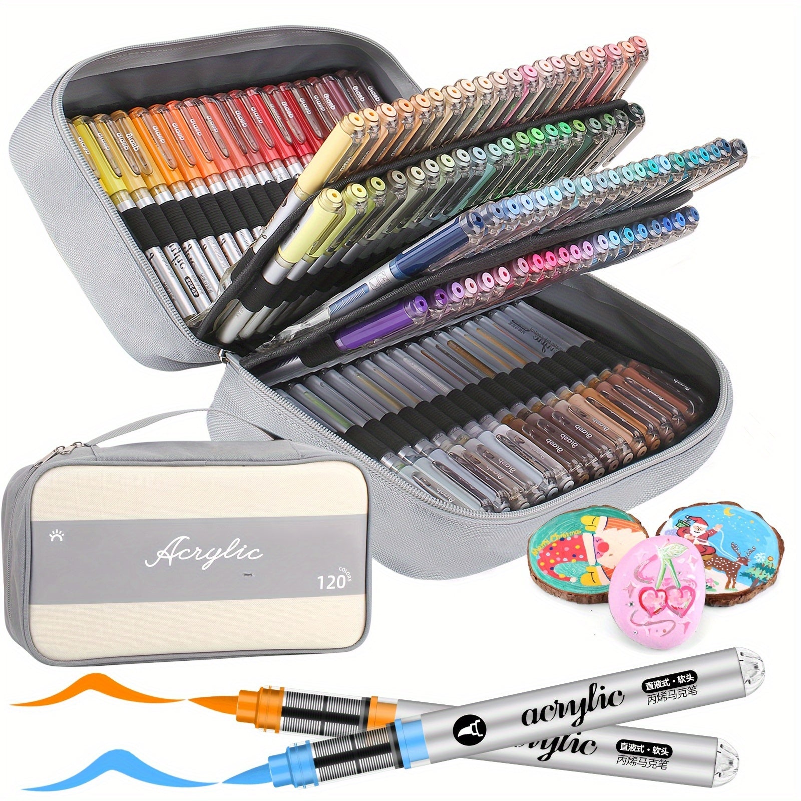 Lot de 120 couleurs, stylo acrylique double pointe avec pinceau et pointe fine pour bois, toile, pierre, verre, céramique, artisanat