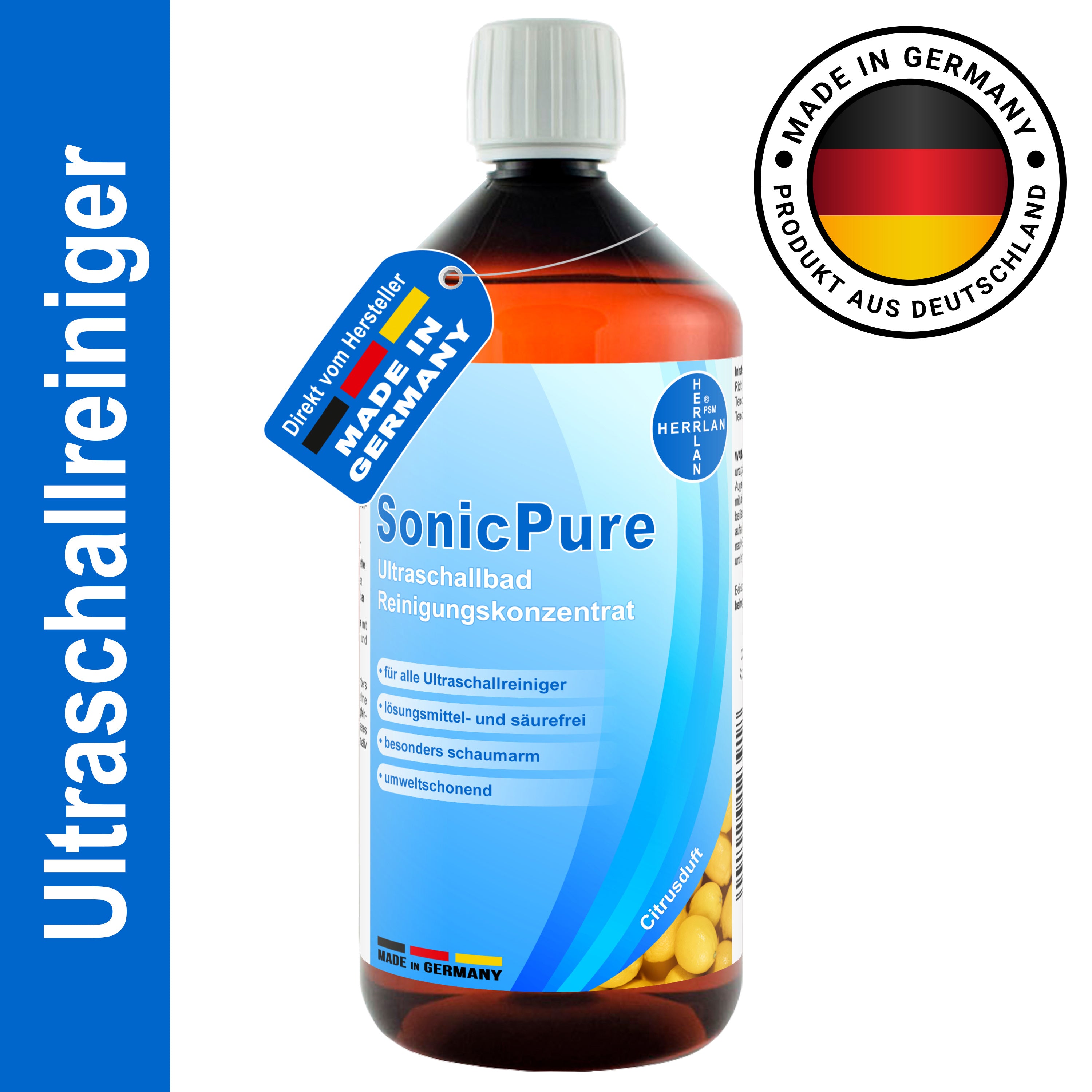 HERRLAN® SonicPure Concentré de Nettoyage Ultrasonique 1000 ml - Concentré Liquide pour Nettoyeurs Ultrasoniques et Étuis à Lunettes - Fabriqué en Allemagne