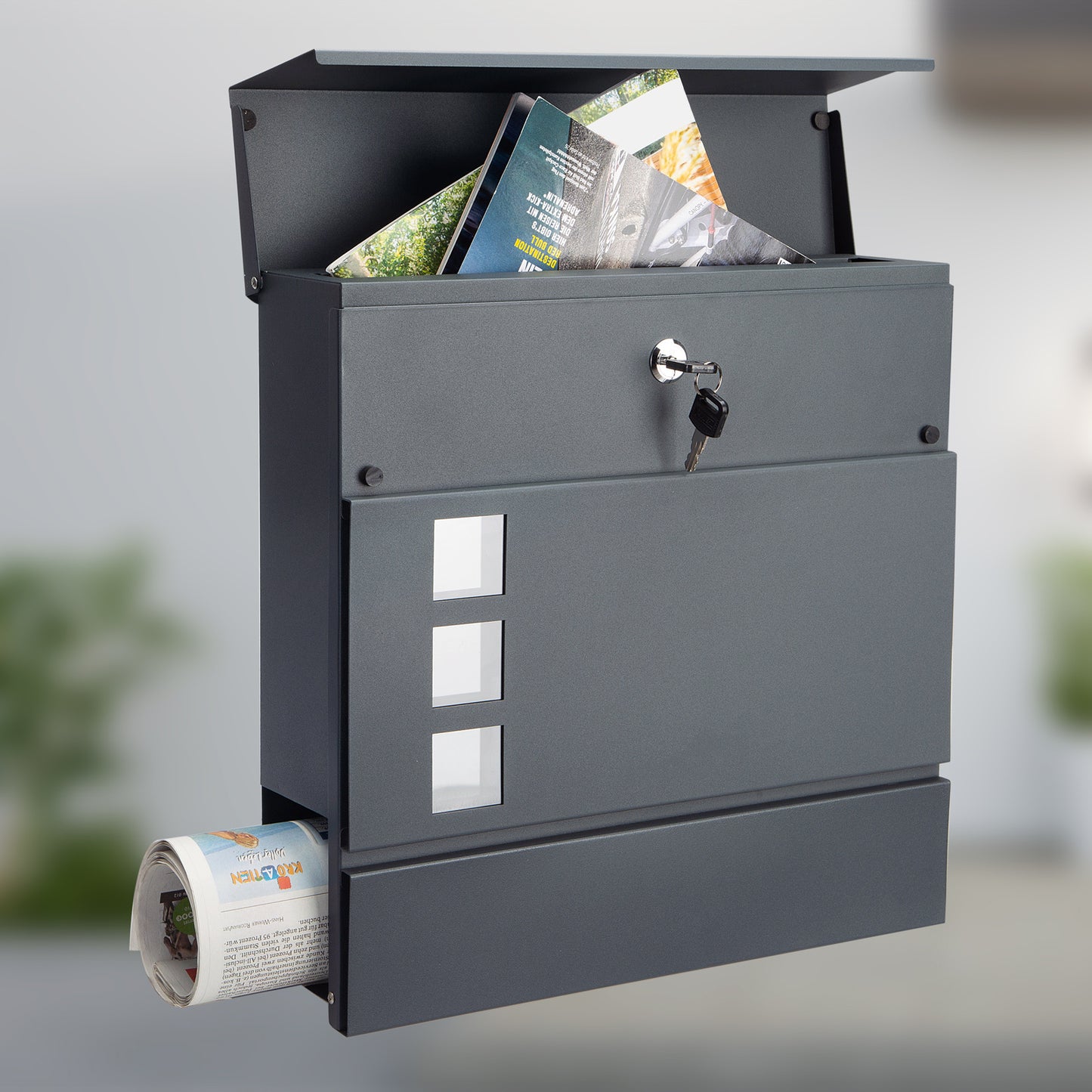 MONZANA® XXL Boîte aux Lettres avec Compartiment pour Journal, Verrouillable, 2 Clés Incluses - Matériel d'Assemblage en Acier Moderne et Simple – Mur à Rouleau de Papier Antracite