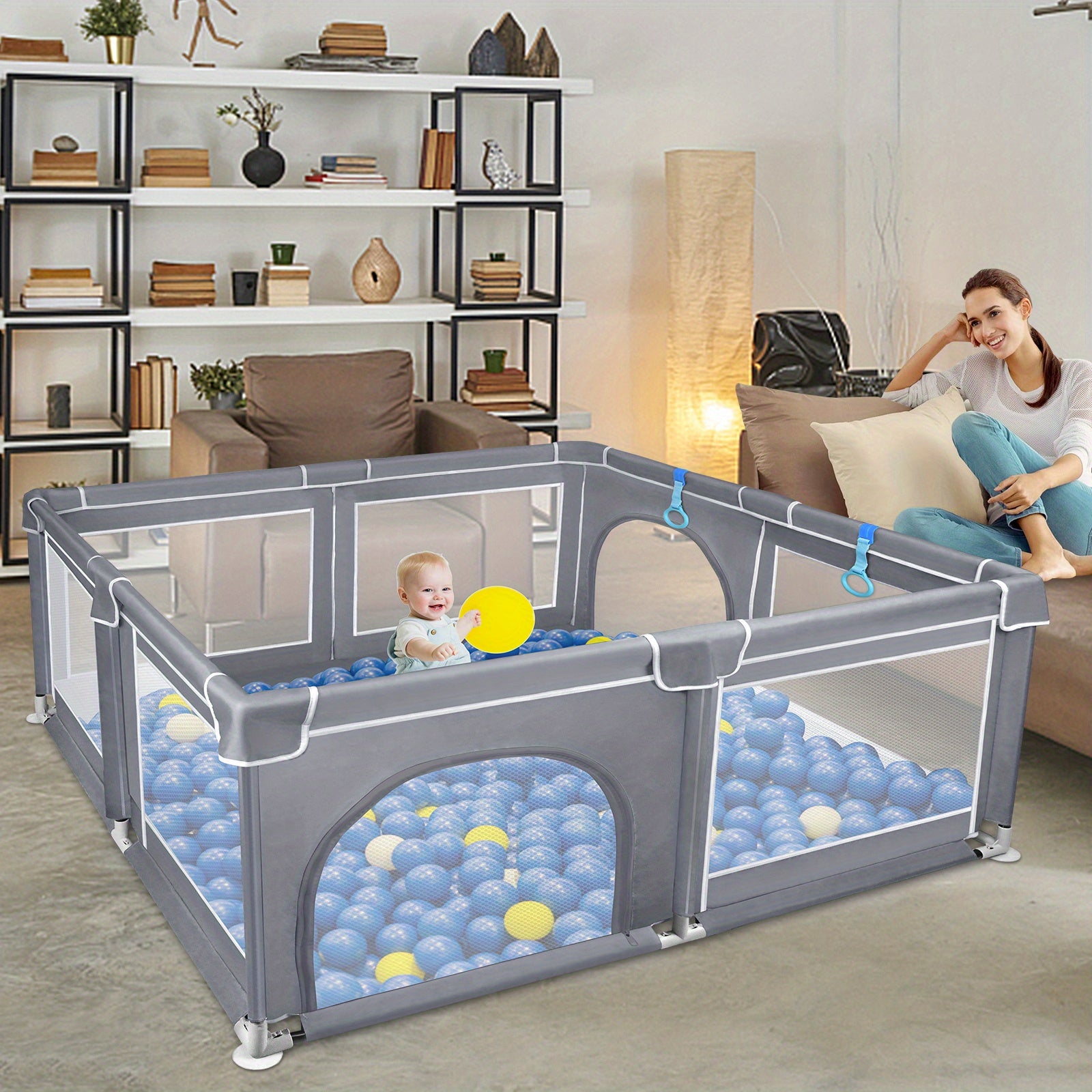 Parc de jeu gris avec maille respirante, parc pour bébé avec porte pour ramper, convient pour une utilisation intérieure et extérieure