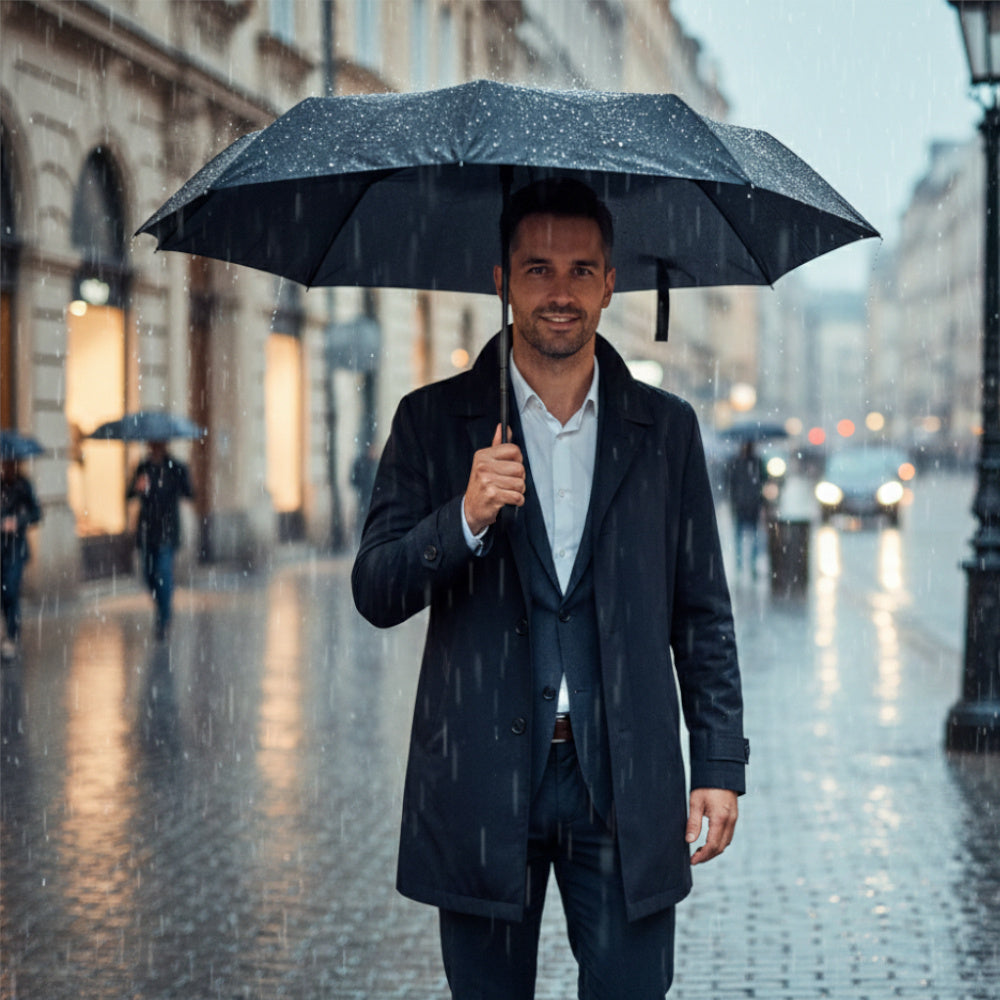 PARAPLUIE XXL NOIRE PLIANTE AUTOMATIQUE ET RÉSISTANTE AU VENT. Ouverture et fermeture à un bouton. Armature robuste à 8 baleines en acier à ressort et fibre de carbone. Diamètre XXL de 96 cm. Matériau à séchage rapide avec revêtement UV. Longueur compacte