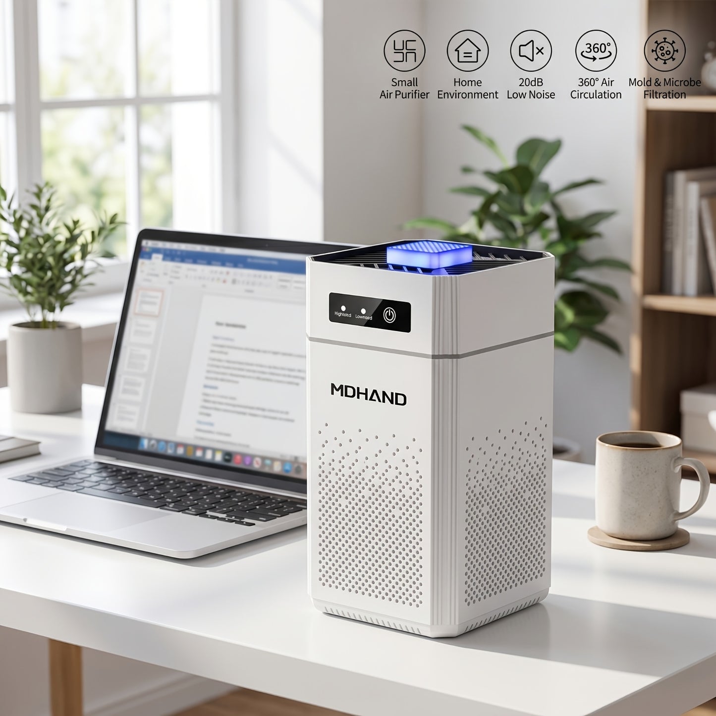 Purificateur d'air portable à faible niveau sonore avec filtre HEPA, idéal pour un usage domestique. Trois vitesses réglables et élimination efficace des allergènes, de la fumée, de la poussière, des squames d'animaux et des odeurs. Parfait pour purifier