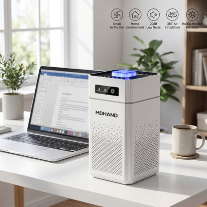 Purificateur d'air portable à faible niveau sonore avec filtre HEPA, idéal pour un usage domestique. Trois vitesses réglables et élimination efficace des allergènes, de la fumée, de la poussière, des squames d'animaux et des odeurs. Parfait pour purifier