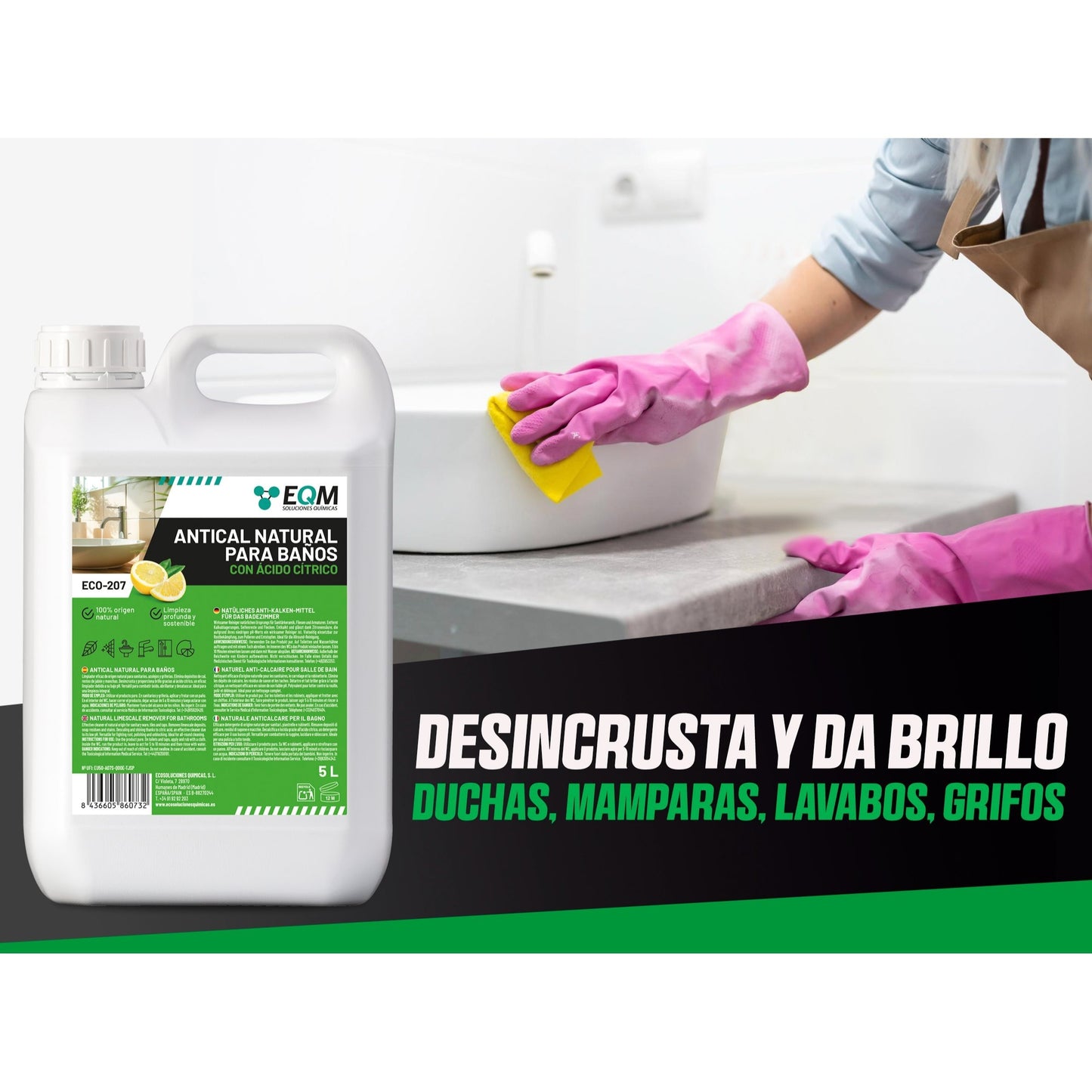 EQM - ECO-207 - ly Nettoyant pour salle de bain - 5L - Avec acide citrique - 100 % - Nettoyant naturel puissant