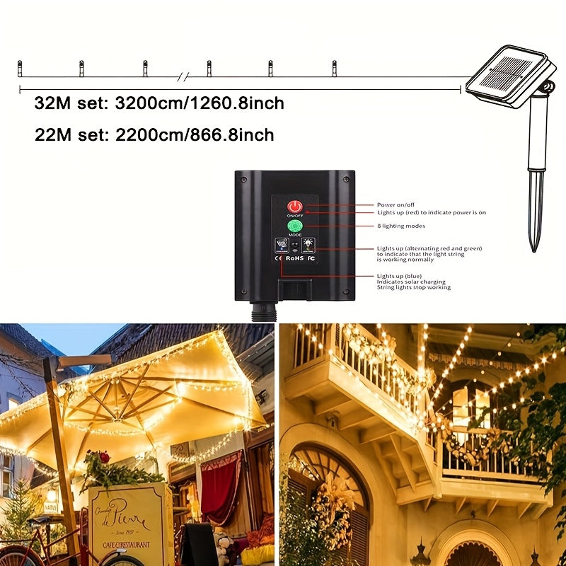 LECLSTAR, Guirlande Lumineuse Solaire 300/200 LED, Lumières Féeriques LED pour Extérieur, IP65, 8 Modes d'Éclairage, Lumière Solaire Féerique, 22 Mètres/32 Mètres, Blanc Chaud, Incassable, Décoration pour Jardin, Terrasse, Pub, Balcon, Fête