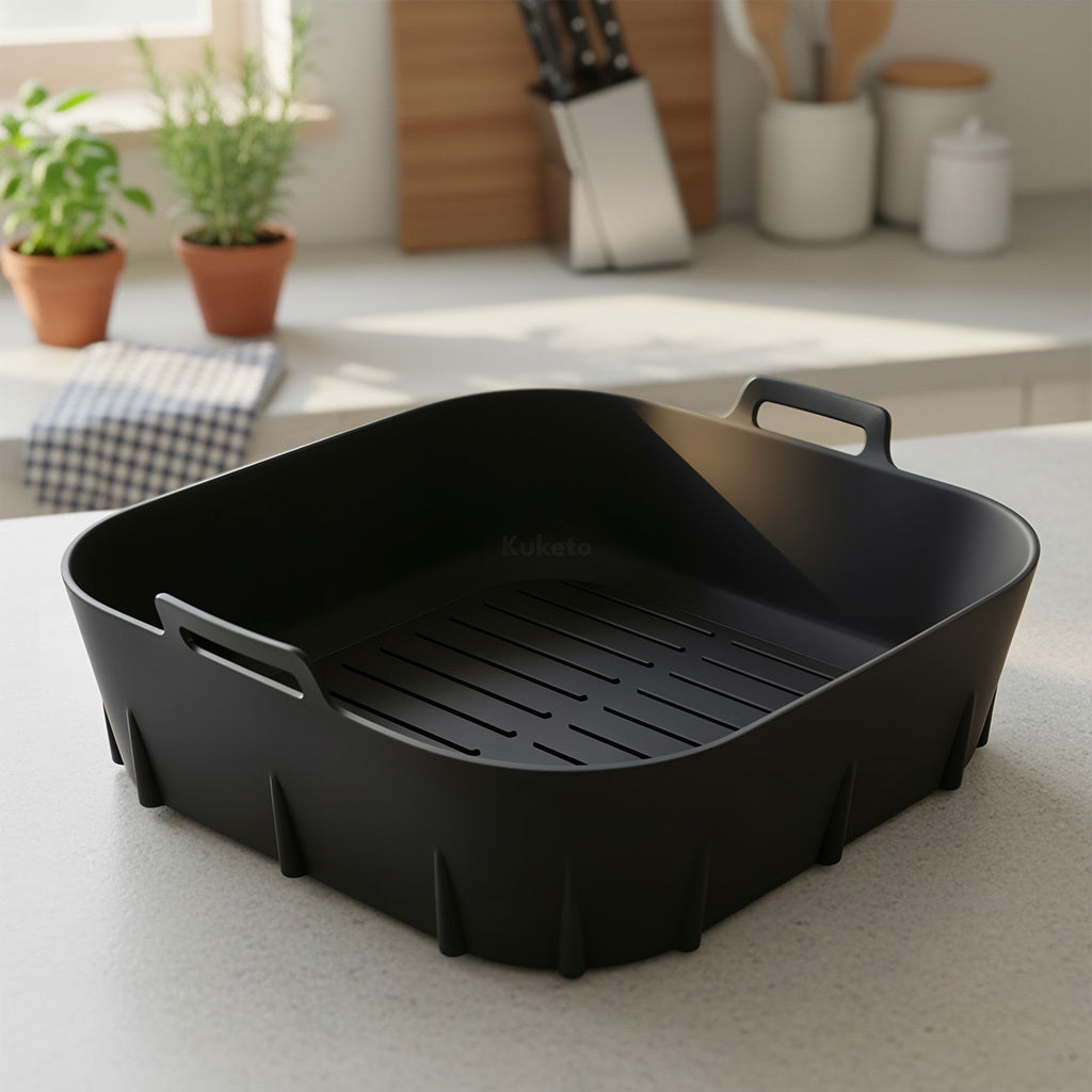 Kuketo - Accessoire pour Friteuse à Air, Conteneur de Cuisson Réutilisable, Panier en Silicone Résistant aux Hautes Températures, Bol de Friture Sans Graisse, Idéal pour Frites, Poulet, Légumes, Gâteaux et Casseroles, Alternative aux Papier Cuisson, Netto