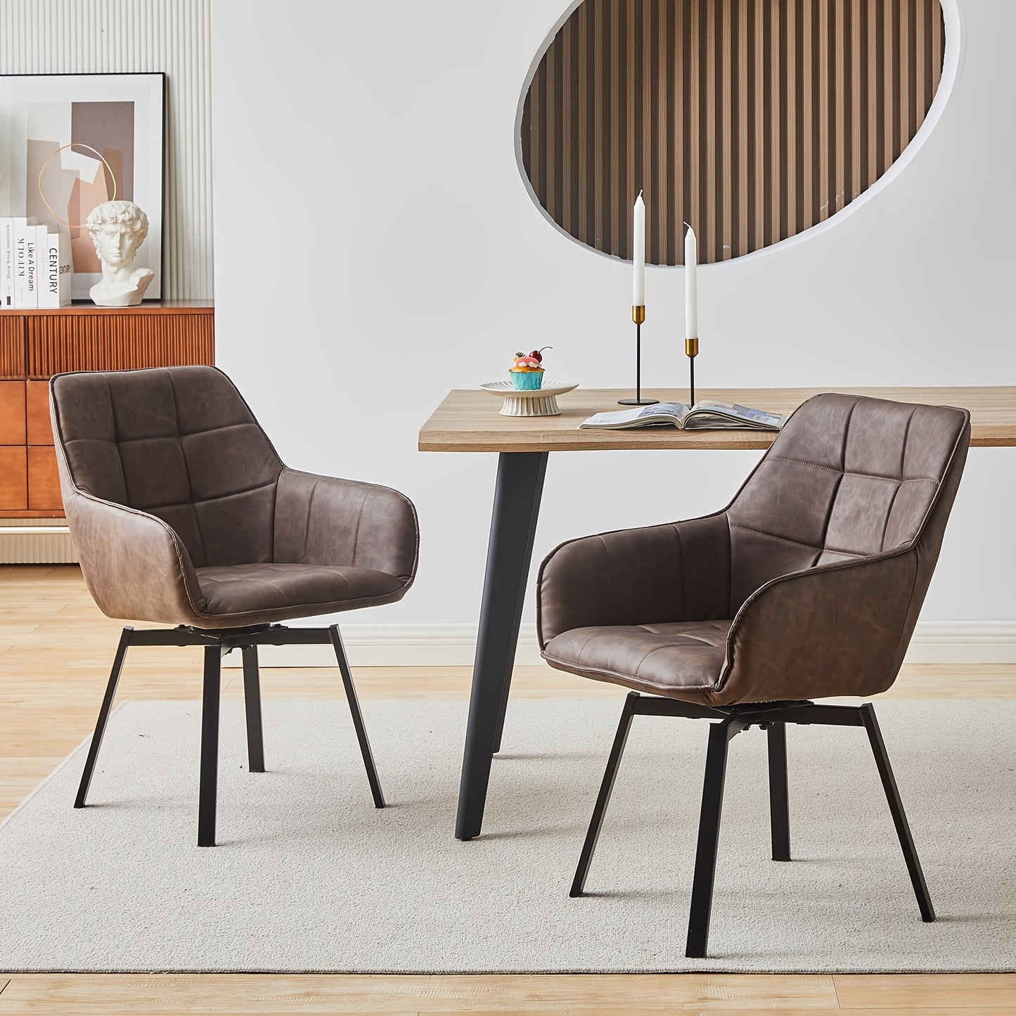 Lot de 2 chaises de salle à manger, fauteuils pivotants à accoudoirs en simili cuir avec assise rembourrée épaisse et pieds en métal, fauteuils de détente rotatifs pour la maison, la cuisine, la réception de bureau, le restaurant