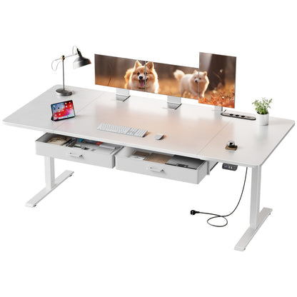 Furnishia Bureau Vertical Électrique avec Panneau Intelligent à Mémoire et 2 Tiroirs, Bureau à Hauteur Réglable avec Prises de Courant, pour Bureau d'Ordinateur à Domicile, Poste de Travail d'Écriture et Chambre à Coucher