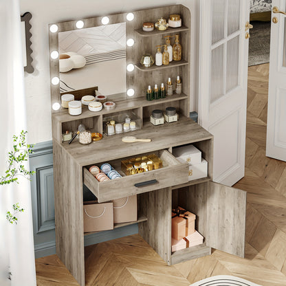 Coiffeuse avec Miroir et 10 Lumières LED, Coiffeuse avec 3 Étagères et 4 Compartiments Ouverts, Coiffeuse avec Grand Tiroir et Placard, 3 Niveaux d'Éclairage Réglables, Blanc, Gris Beige