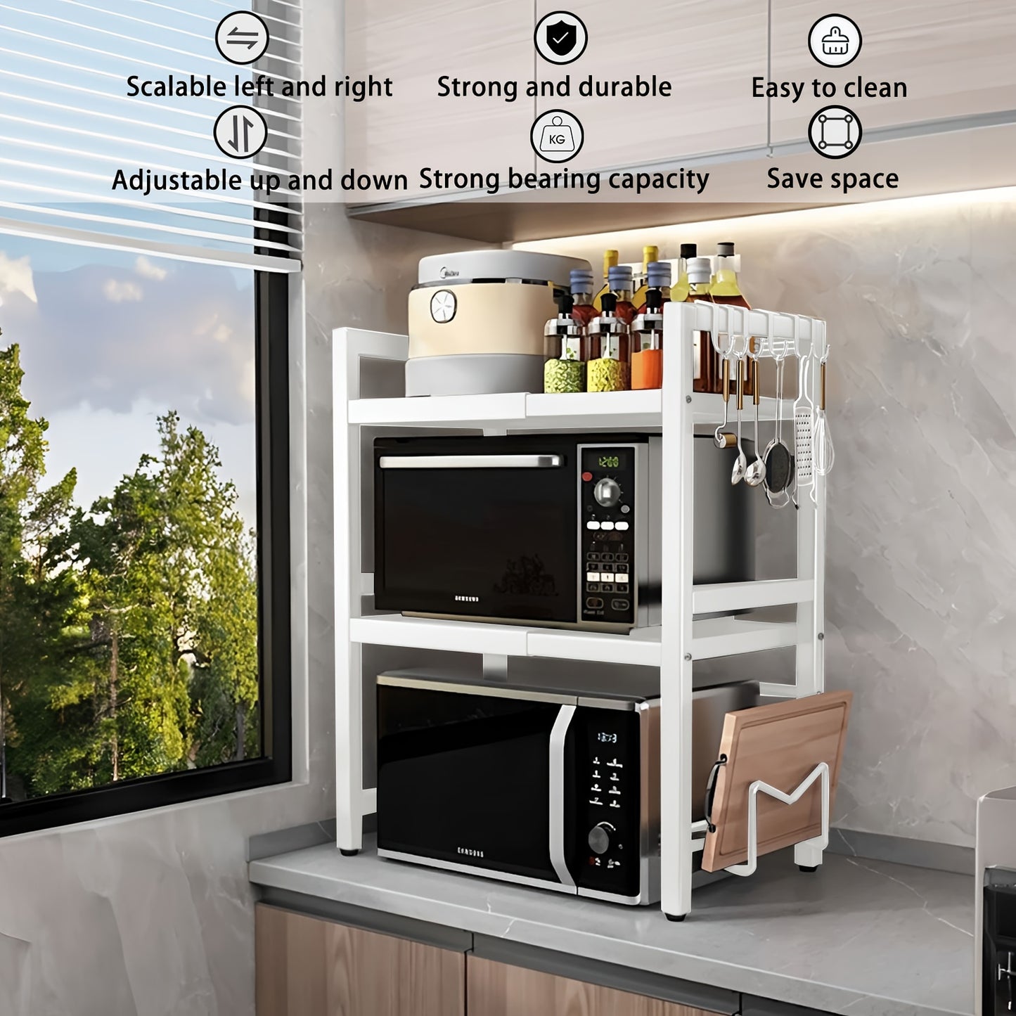 Étagère Micro-ondes Devesanter, Étagère de Cuisson Extensible 3 Niveaux avec 6 Crochets, 3 Porte-Serviettes et 1 Porte-Planche à Découper. Idéale pour Étagères de Cuisine, Étagères à Épices et Rangement de Micro-ondes. Noir. S'étend de 40 cm à 64 cm