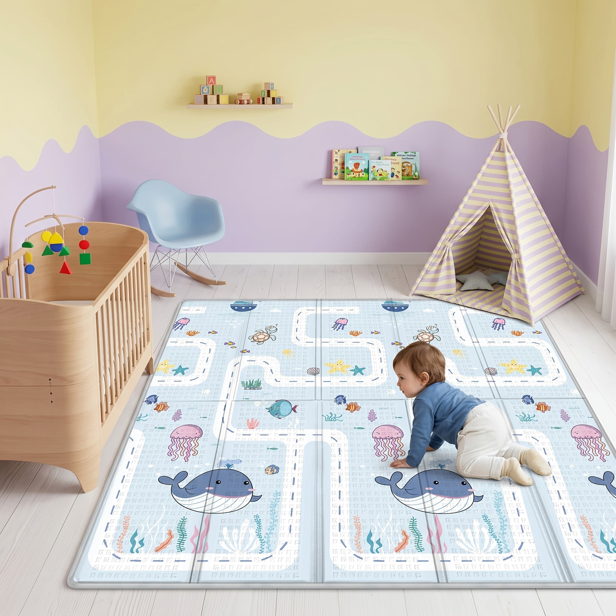 Tapis de jeu double face pour bébé, extra épais, pliable, imperméable, tapis de butinage à surface antidérapante, grand tapis d'activité pour sol de chambre d'enfant, camping, plage, pique-niques, bords doux, facile à nettoyer et à transporter