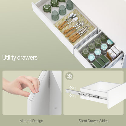 Armoire de cuisine moderne haute avec LED et stations, buffet/placard avec étagères réglables, plans de travail, deux tiroirs, en contreplaqué, debout (à assembler)