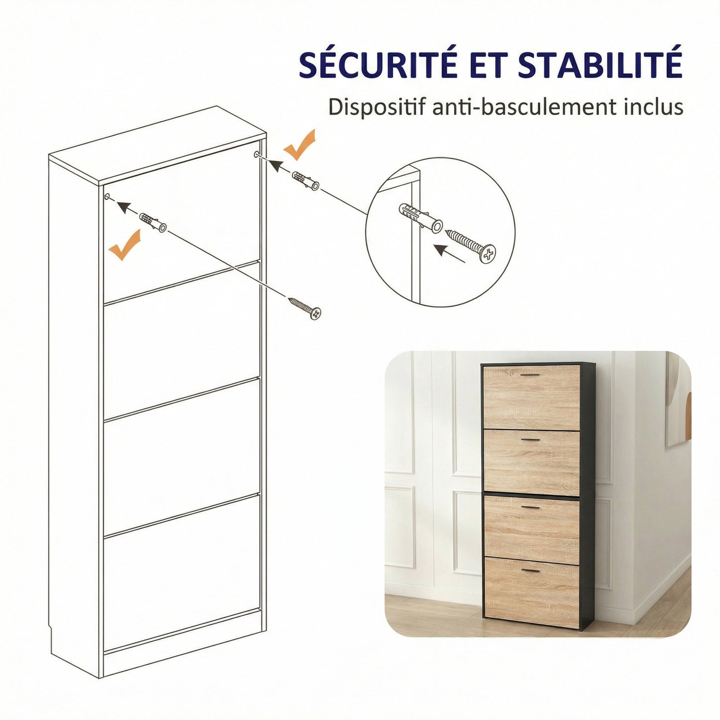 Meuble à chaussures avec 4 compartiments à rabat, armoire à chaussures en bois pour jusqu'à 24 paires, organisateur d'entrée peu encombrant