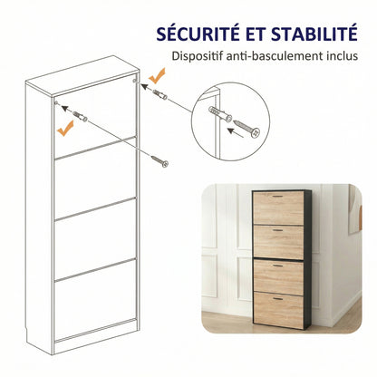 Meuble à chaussures avec 4 compartiments à rabat, armoire à chaussures en bois pour jusqu'à 24 paires, organisateur d'entrée peu encombrant