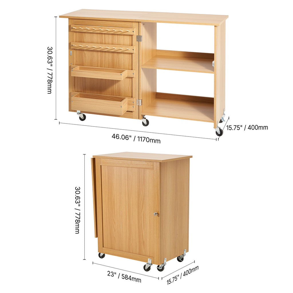 Table à Coudre Pliable VEVOR avec Roues Verrouillables, Étagères, Plateaux et Porte en Bois