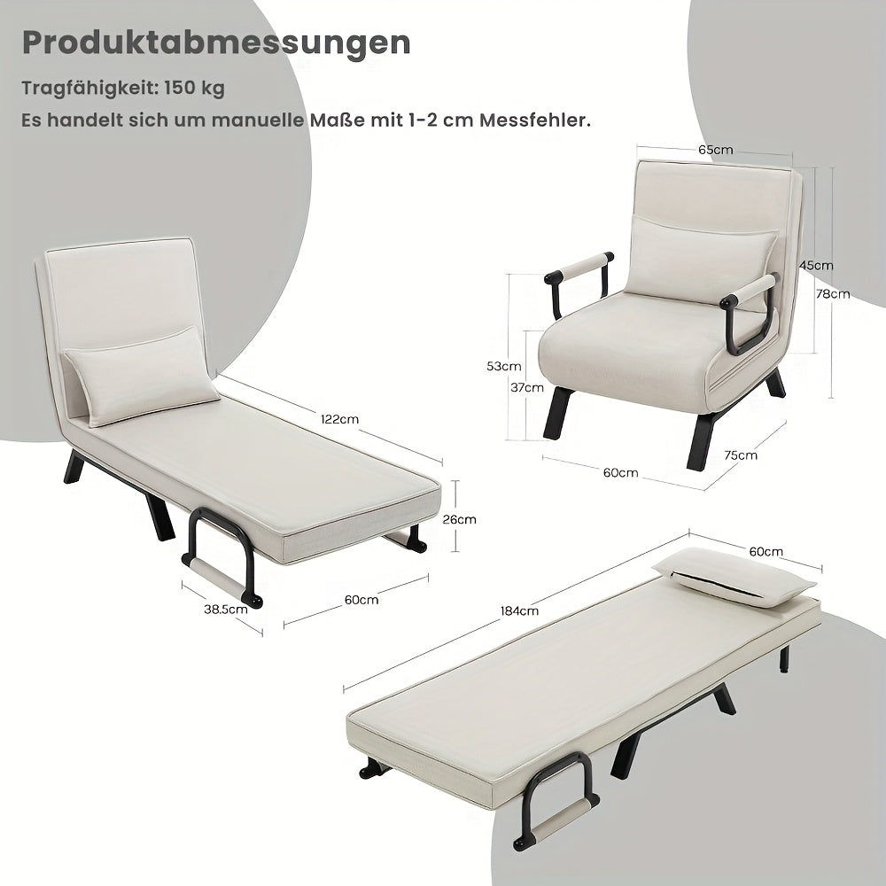 1pc Chaise de salle à manger élégante, canapé-lit 3 en 1, lit de visite, fauteuil pliant avec dossier réglable, coussin amovible, convient pour chambre à coucher, salon, bureau, capacité de charge de 150 kg