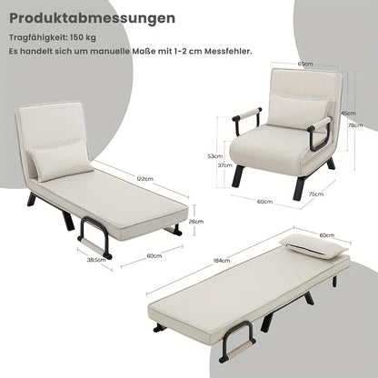 1pc Chaise de salle à manger élégante, canapé-lit 3 en 1, lit de visite, fauteuil pliant avec dossier réglable, coussin amovible, convient pour chambre à coucher, salon, bureau, capacité de charge de 150 kg