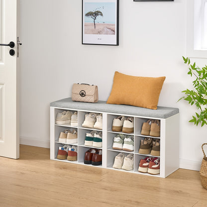 Banc de Rangement pour Chaussures, Siège avec Étagère, Incluant un Meuble, Coussins Rembourrés, Doté de 12 Compartiments, Convient aux Salons, Couloirs et Chambres, dans une Couleur Blanc-Gris