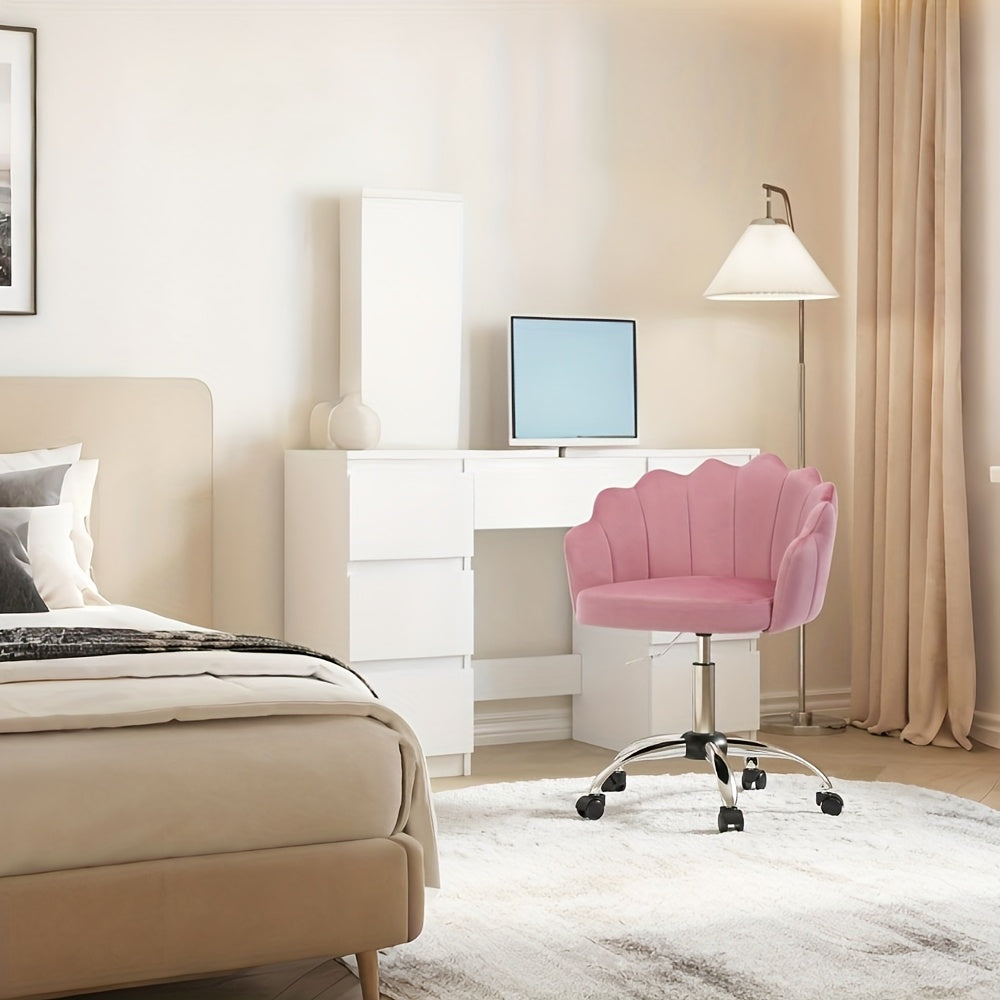 1pc Chaise de Bureau Maison, Chaise de Bureau, Chaise de Cosmétique, Chaise en Velours avec Dossier en Forme de Pétale - Confortable et Belle, Chaise Pivotante avec Roulettes, Hauteur de Chaise Réglable, Base en Métal, Facile à Assembler