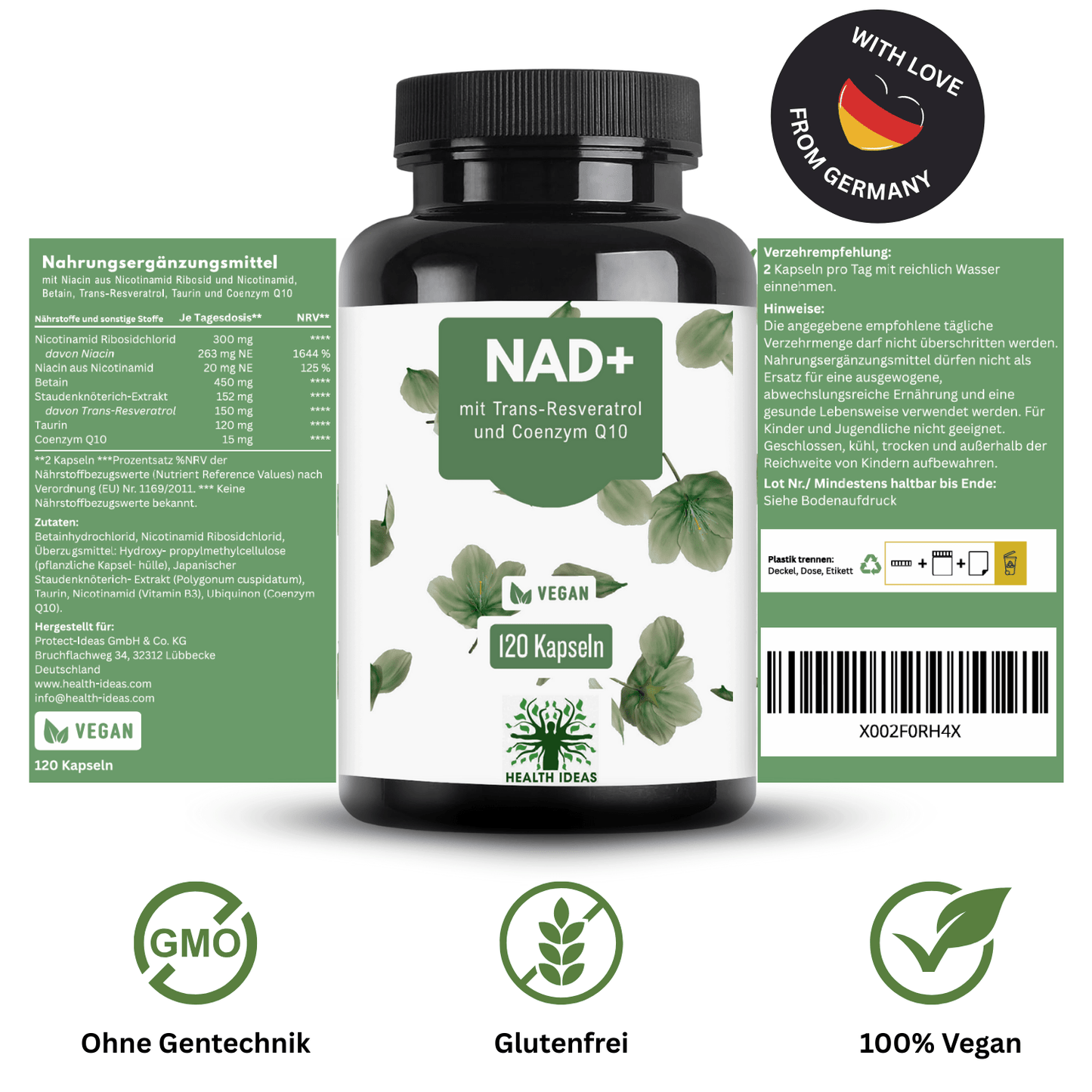 Capsules de Complexe NAD+ – Supplément avec Résvéral, Coenzyme Q10, Quercétine & Vitamine B3 – 120 Capsules Véganes – 2 Mois d'Approvisionnement