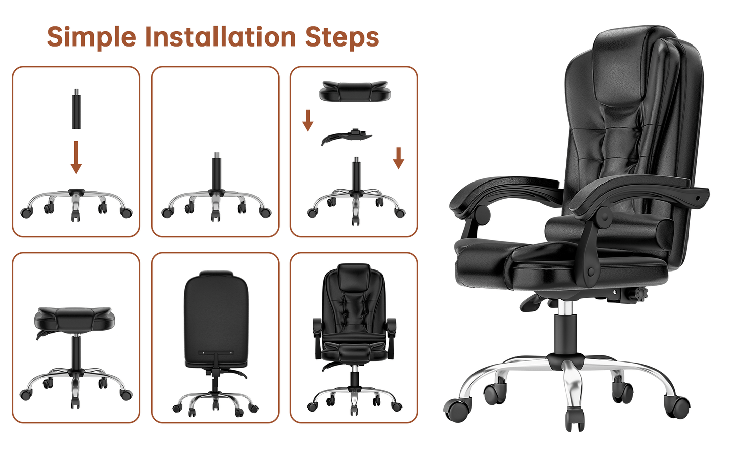 Chaise de bureau exécutive haute dossier, chaise de bureau ergonomique inclinable avec fonction d'inclinaison, chaise d'ordinateur robuste pour le travail à domicile