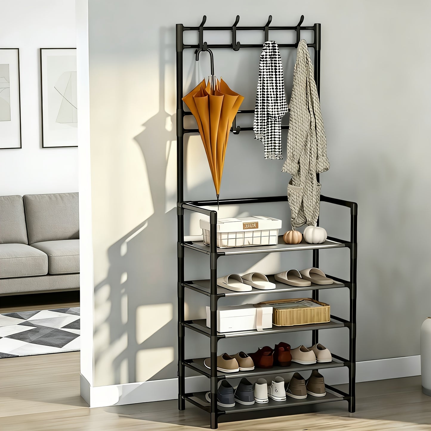 Porte-chaussures de Rangement - Porte-manteau Gain de Place, Porte-chaussures à 5 Niveaux avec 8 Crochets, Structure Robuste en Métal/Plastique Doré, Conception Autoportante ou Murale pour Maison, Bureau et Magasin - Convient pour Ranger Chaussures, Mante